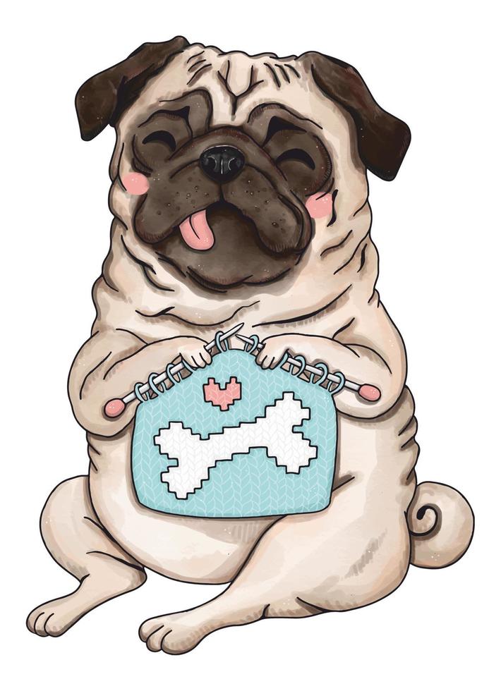 Pug dog knitting blanket with bone, vector illustration for knitting and crochet lovers