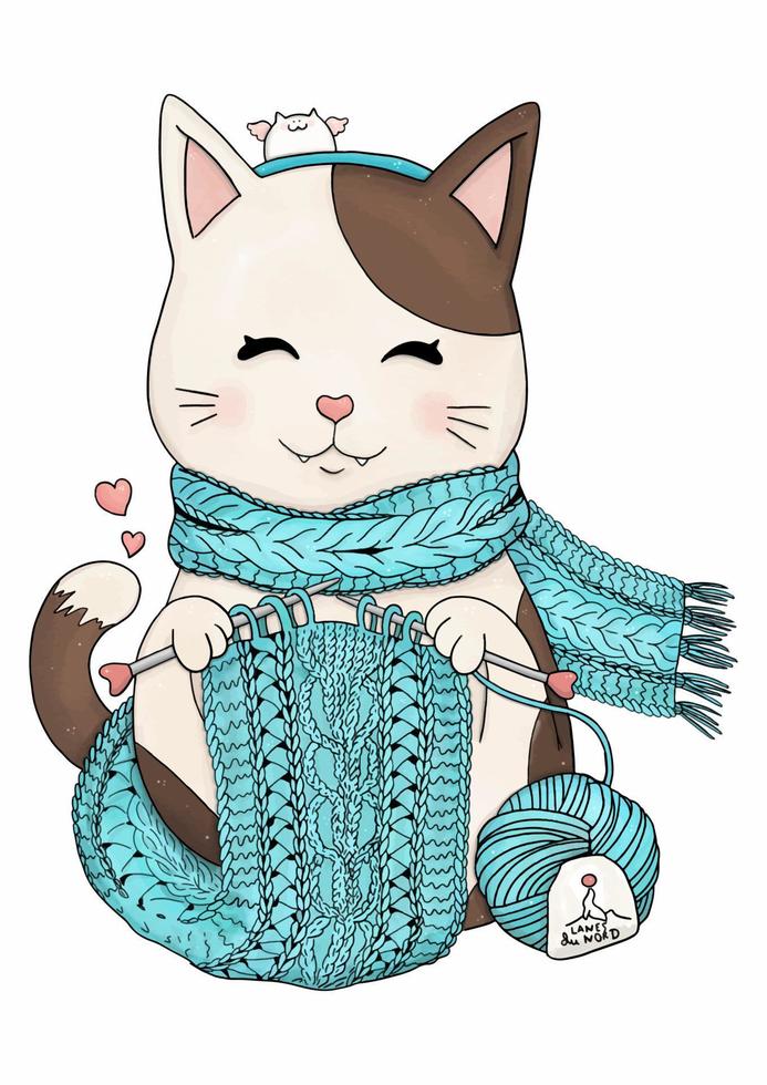 Knitting cat with knitted accessories and yarn balls vector illustration