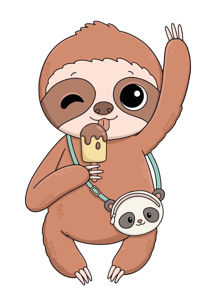 Cute sloth with ice cream and panda bag illustration vector illustration