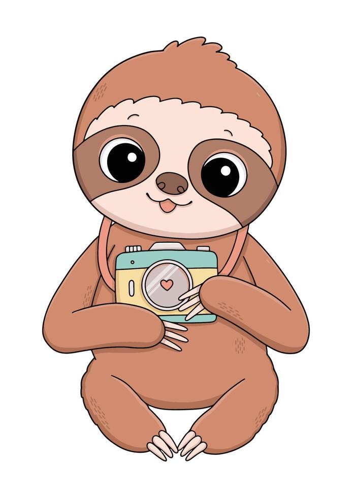 Cute baby sloth with blue yellow camera summer illustration vector