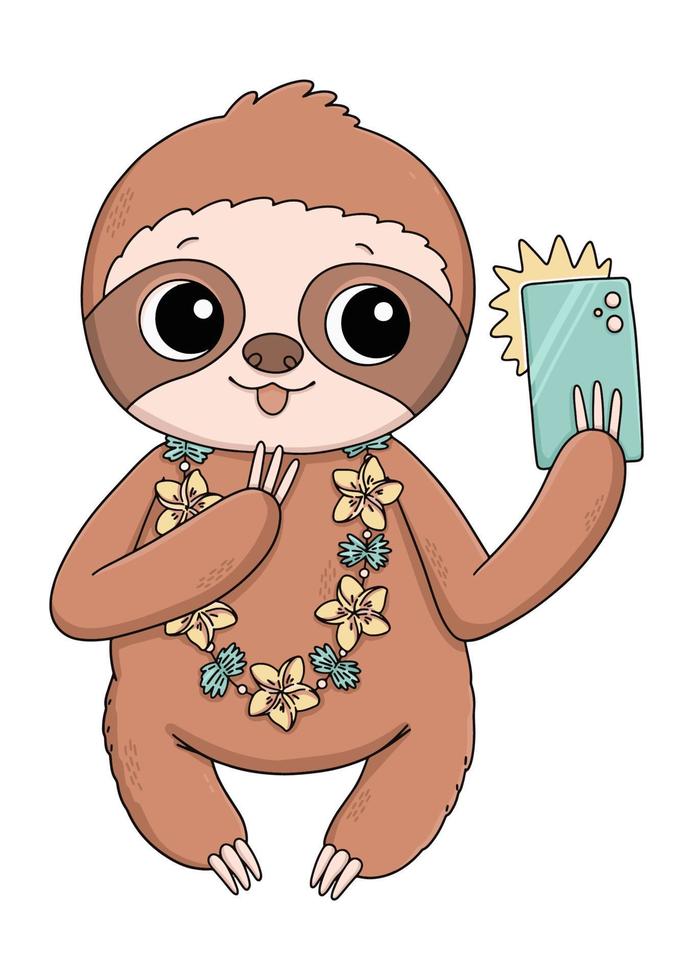 Cute sloth with hawaiian flowers and phone doing selfie summer vector illustration