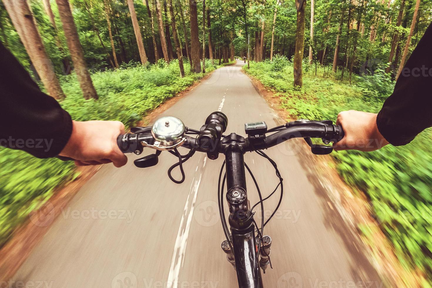 Mountain biking down hill descending fast. View from bikers eyes. Motion blurred photo