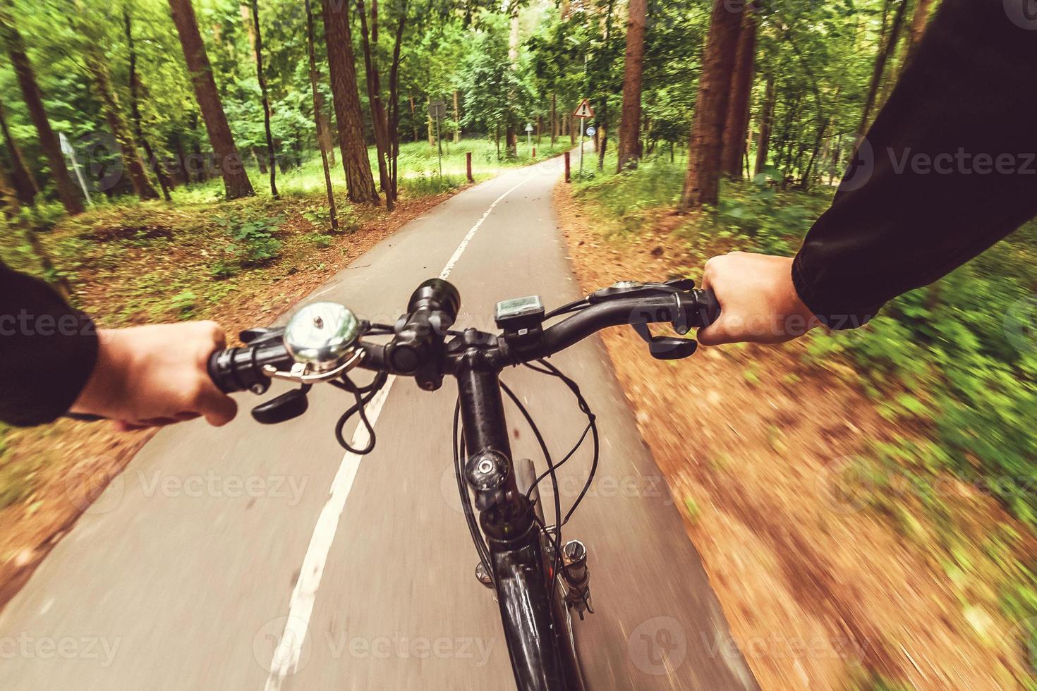 Mountain biking down hill descending fast. View from bikers eyes. Motion blurred photo