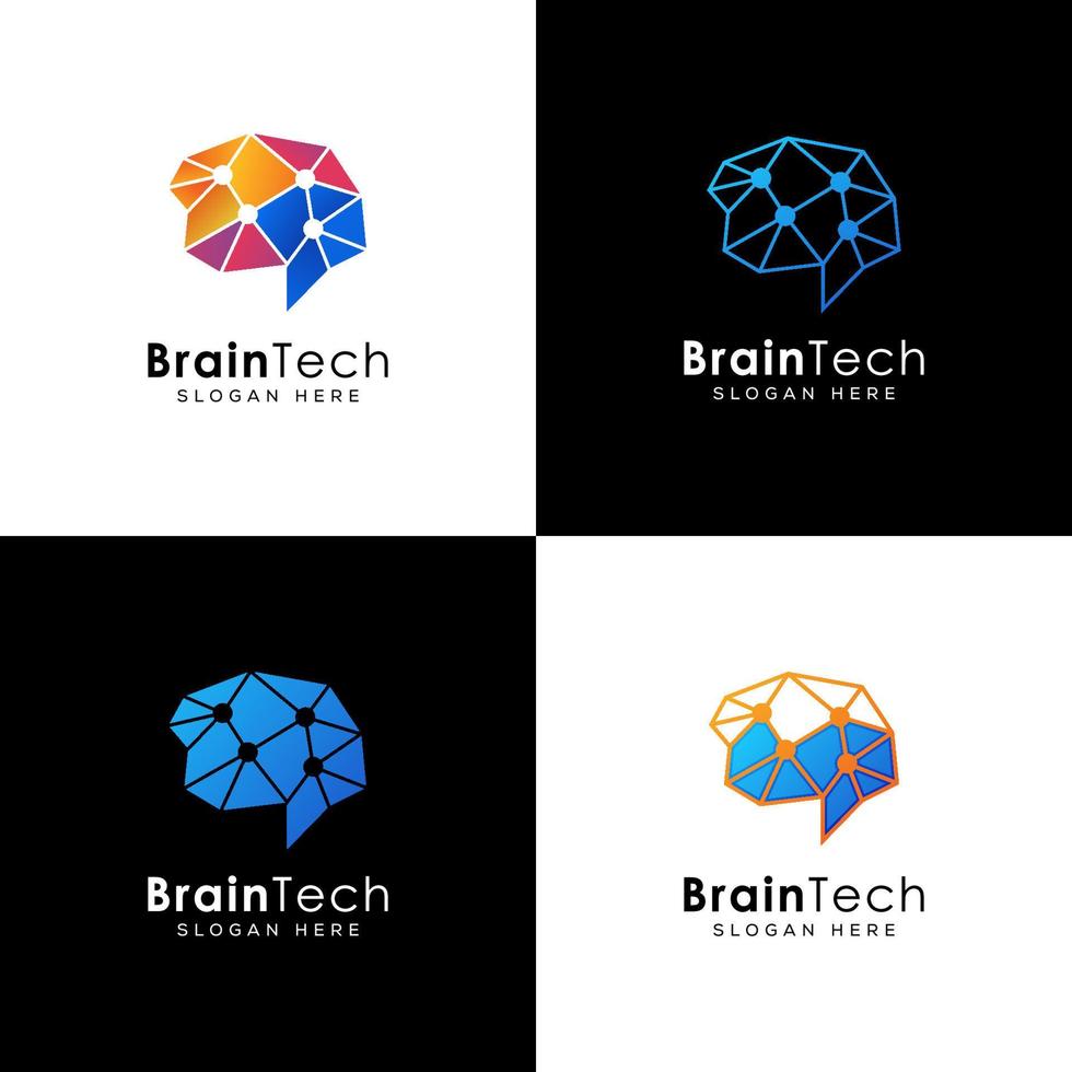 collection style brain tech logo, brain digital, brain connection design premium vector