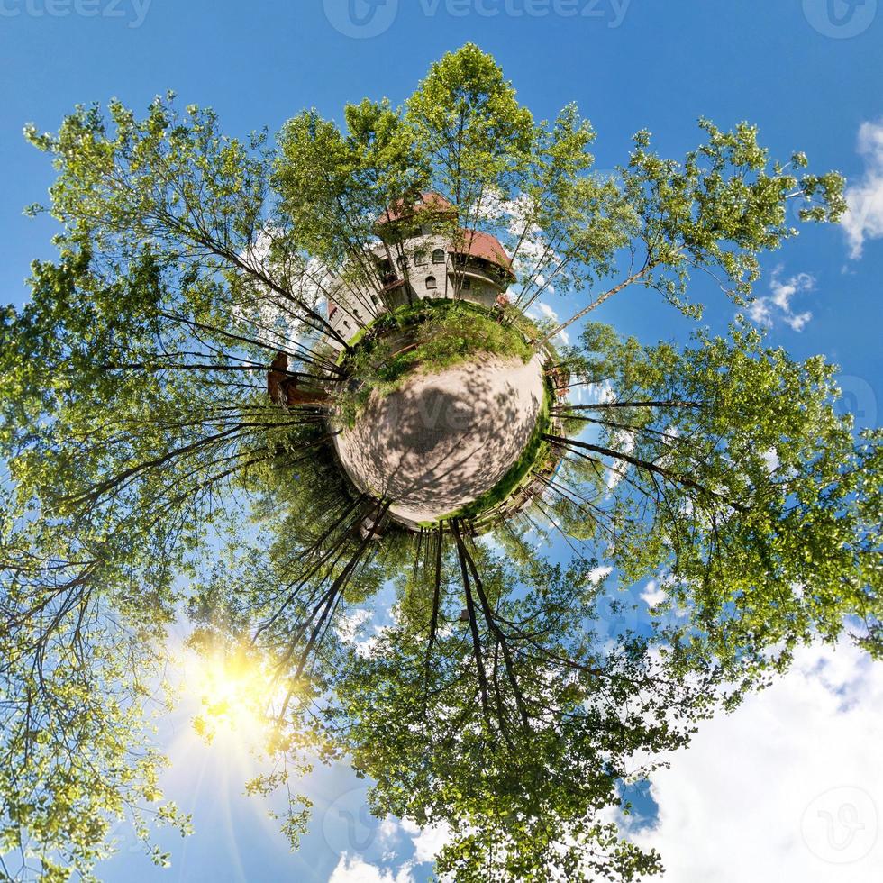Little planet.  Spherical aerial view  in forest near vacation home in nice day with nice clouds photo