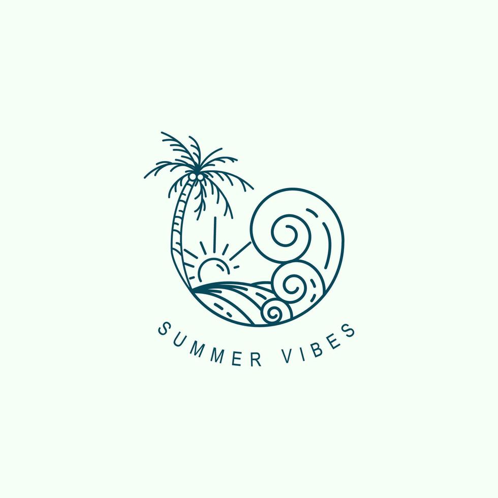 ocean wave scenery logo illustration on line art vector