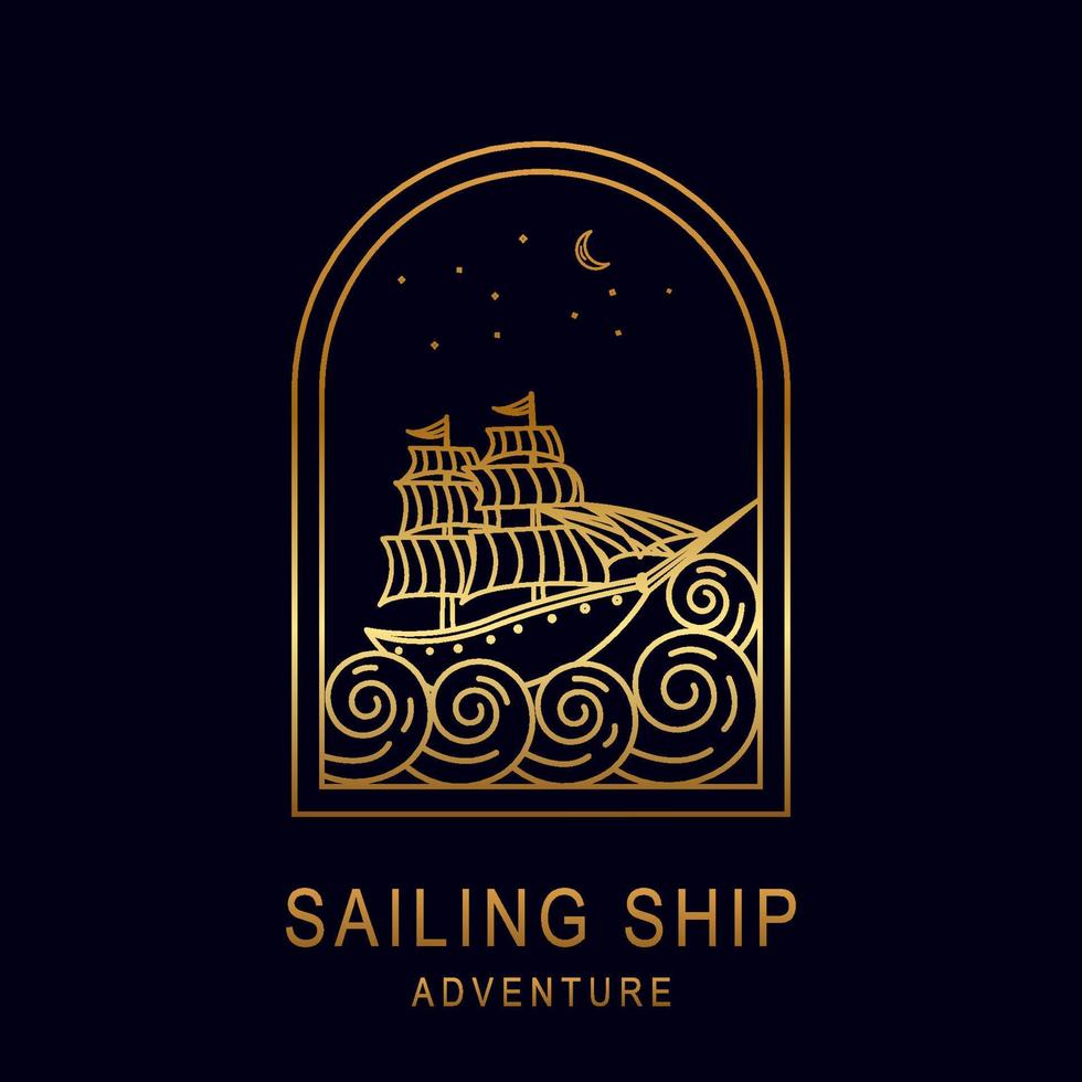 Sailing ship adventure logo template design in outline style. Vector illustration.