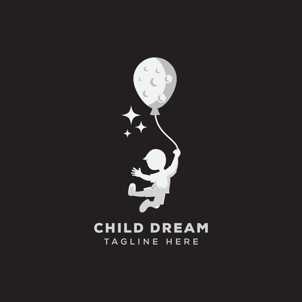 vector child dream logo, reaching logo template with balloon and moon concept