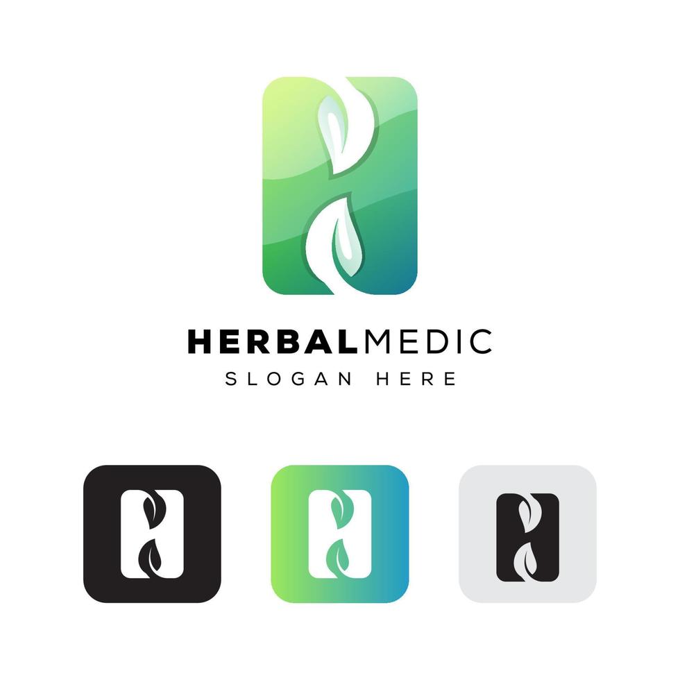 letter H leaf logo, herbal medic logo template vector