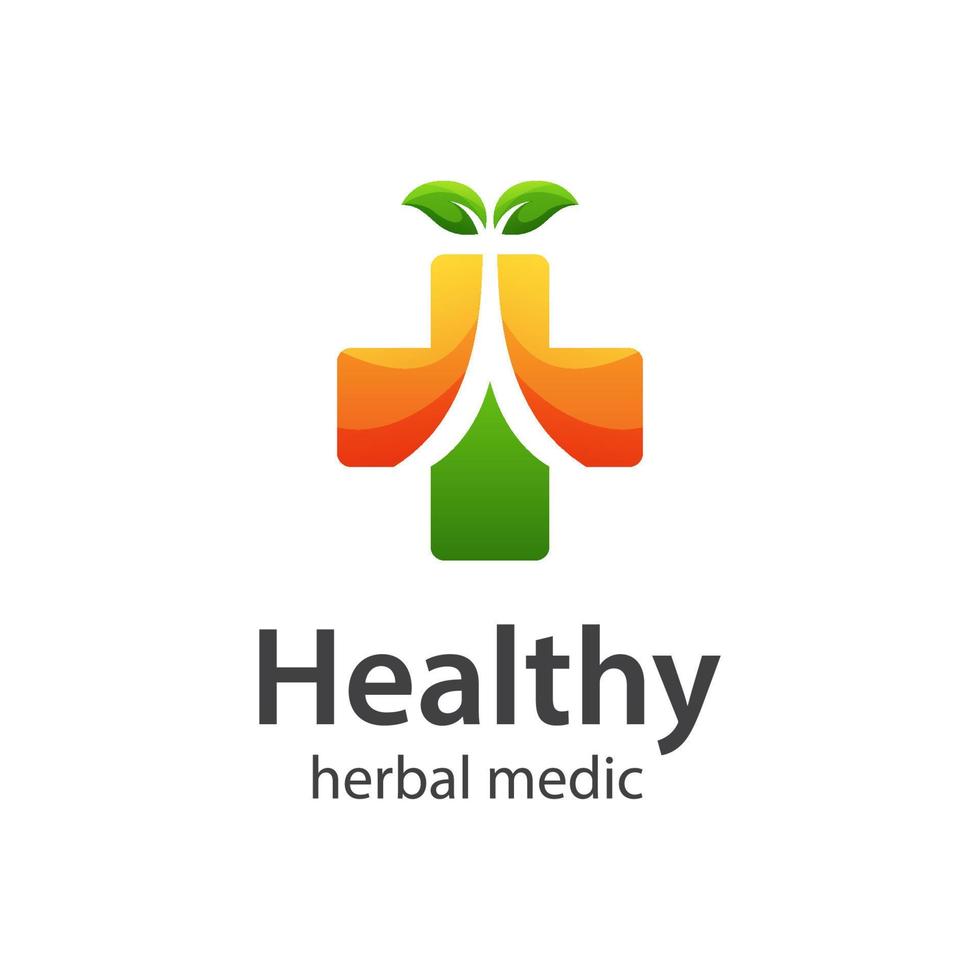 cruz de salud con hoja en espacio negativo diseño de vector de logotipo médico