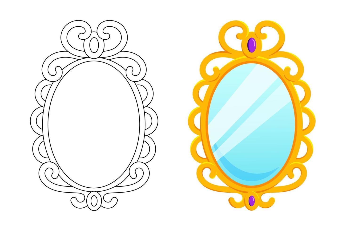 Magic mirror in cartoon style, vector illustration. Oval gold frame for game design. Fairy vintage mirror wich purple diamond. Isolated element on a white background, graphic template for design