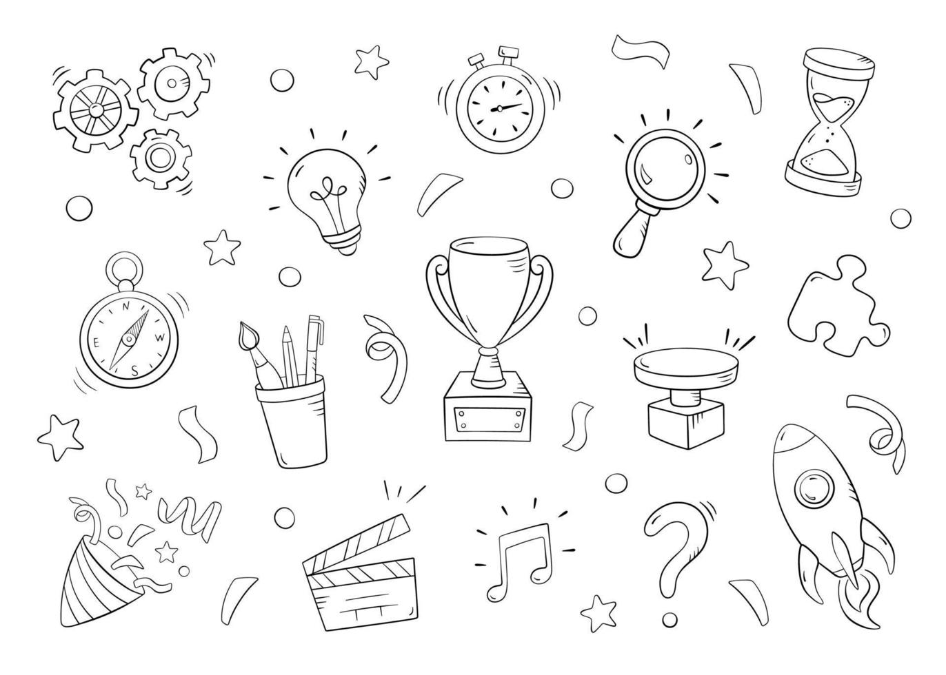 Quiz set in doodle style, vector illustration. Icon question symbol for print and design. Quiz and Exam concept, isolated element on a white background. Collection of sign for school and event