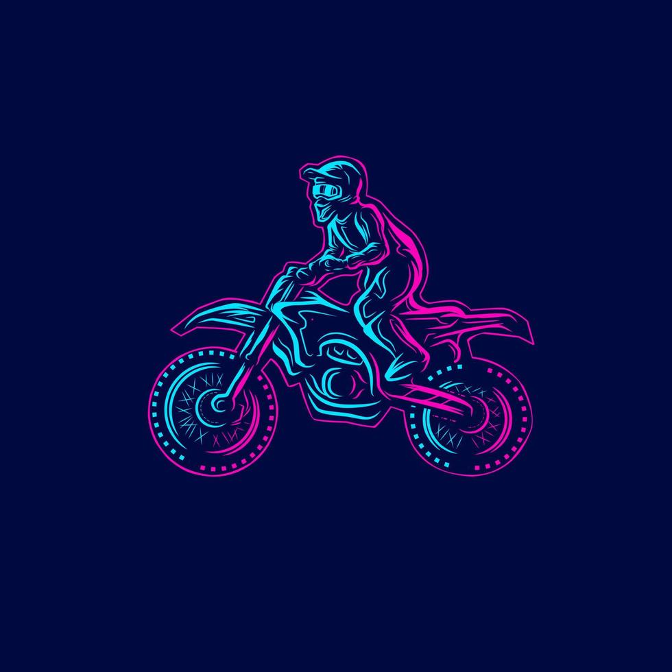 línea de ciclistas de motocross. logotipo de arte pop. diseño colorido con fondo oscuro. ilustración vectorial abstracta. fondo negro aislado para camiseta, afiche, ropa, merchandising, ropa, diseño de placa vector
