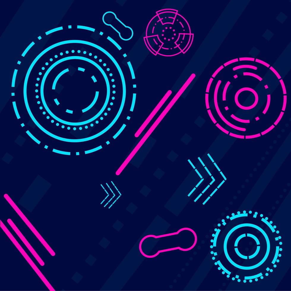 Neon glow technology line art colorful design with dark background. Abstract vector illustration. Blue and pink purple style.