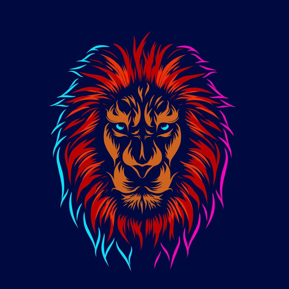 Lion head face vector silhouette line pop art potrait logo colorful design with dark background. Abstract vector illustration. Isolated black background for t-shirt, poster, clothing.