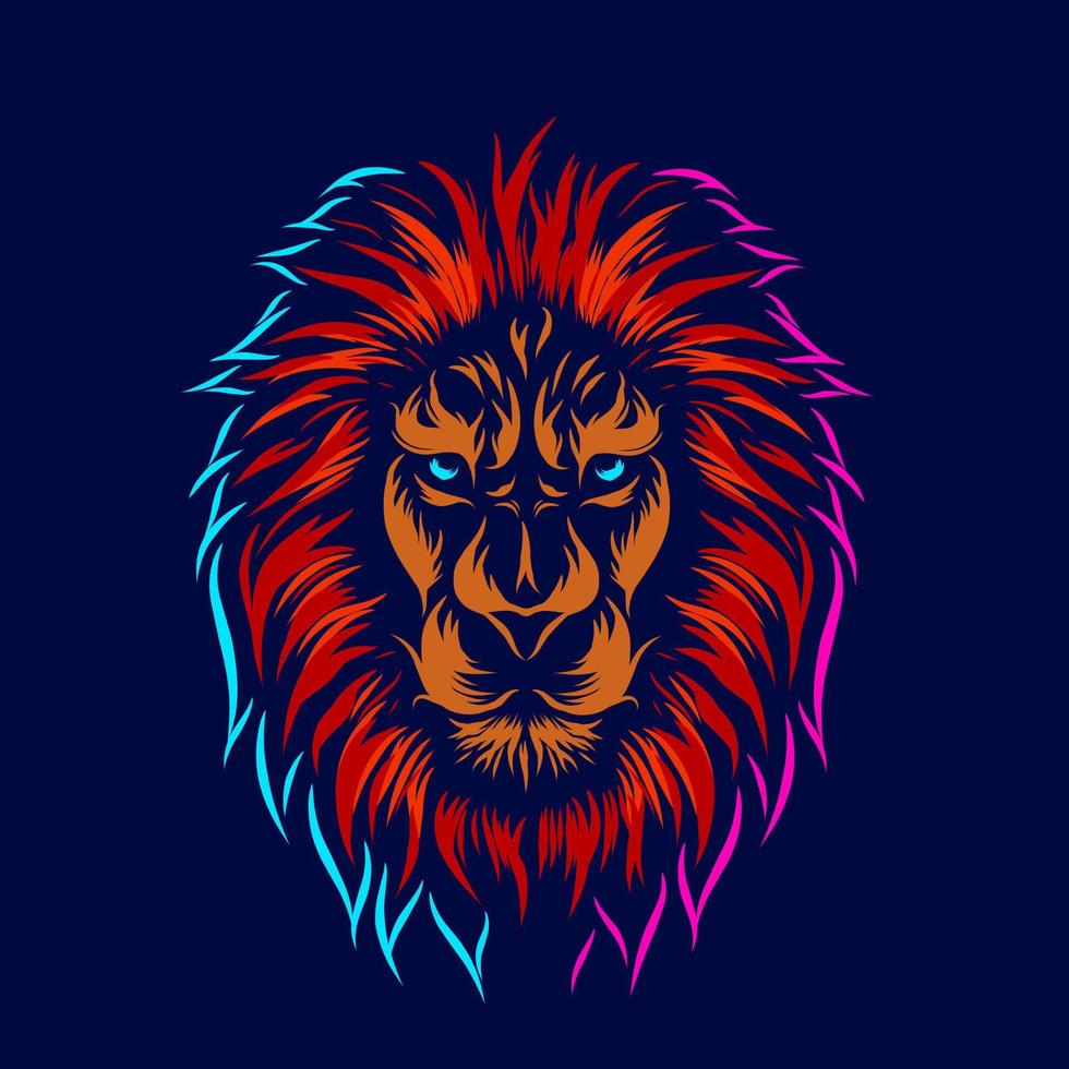 Lion head face vector silhouette line pop art potrait logo colorful design with dark background. Abstract vector illustration. Isolated black background for t-shirt, poster, clothing.