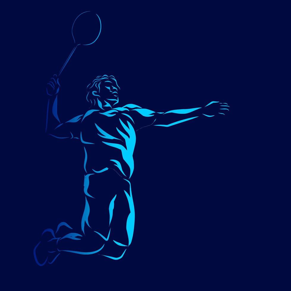 badminton man smash shot vector silueta línea pop art potrait logo diseño colorido con fondo oscuro. ilustración vectorial abstracta. fondo negro aislado para camiseta, afiche, ropa.