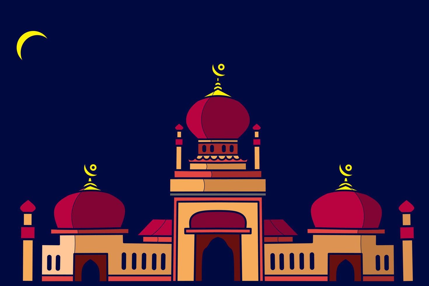 Isolated Muslim mosque flat design facade background. Flat Islamic colorful logo architectural objects. Abstract vector cartoon. Beautiful Muslim shrine icon illustration. Eastern cultural  landmark.