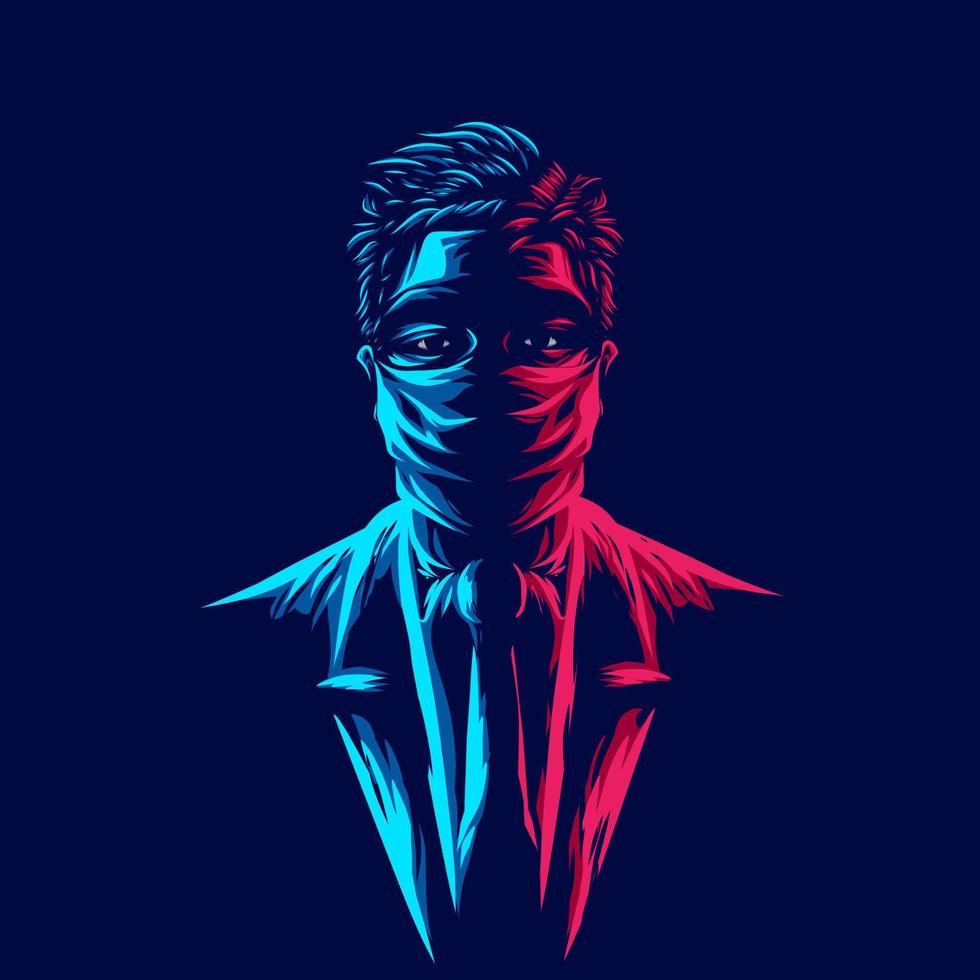 Masked man on pandemic logo line pop art portrait colorful design with dark background. Abstract vector illustration.