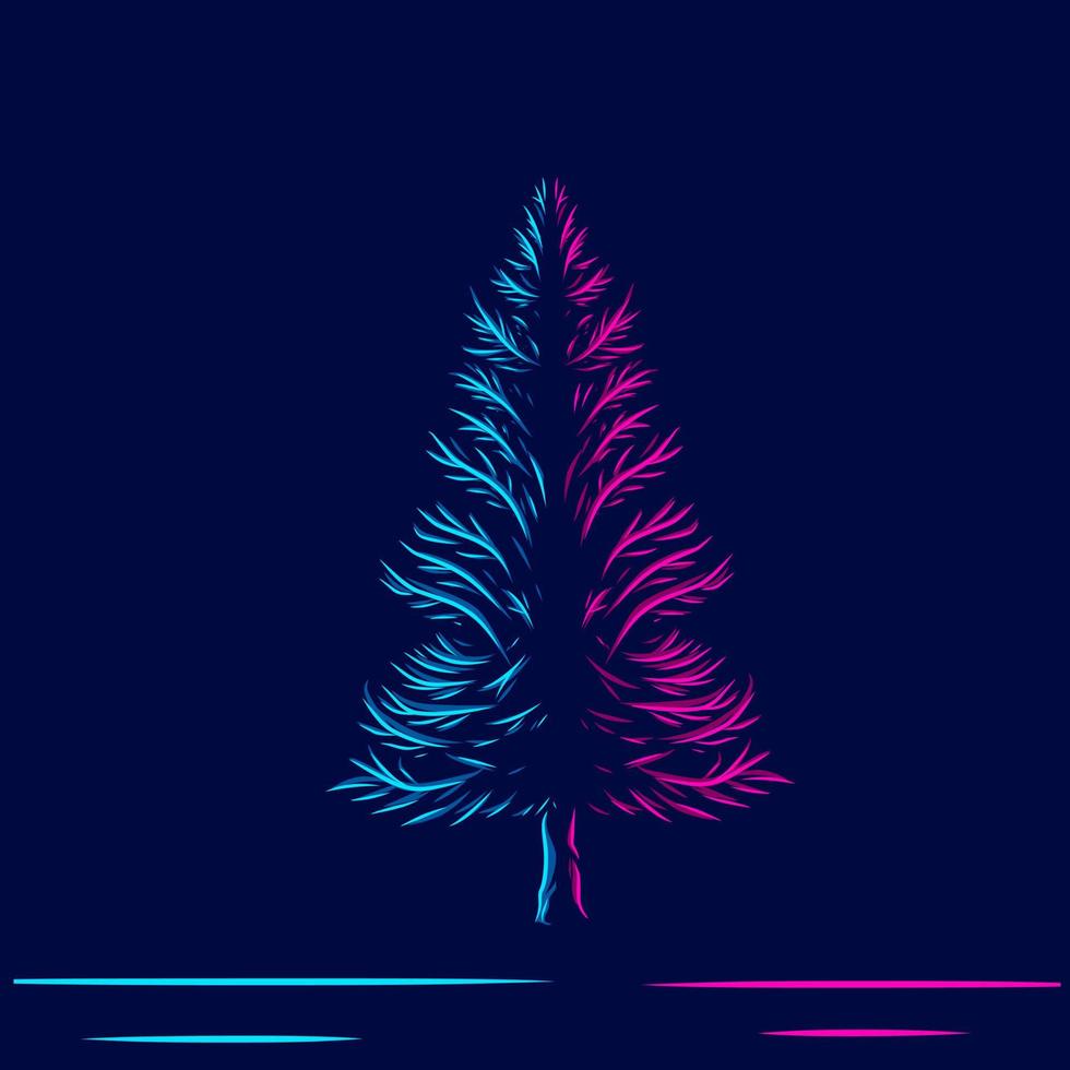 Pine tree on christmas logo line pop art portrait colorful design with dark background. Abstract vector illustration.