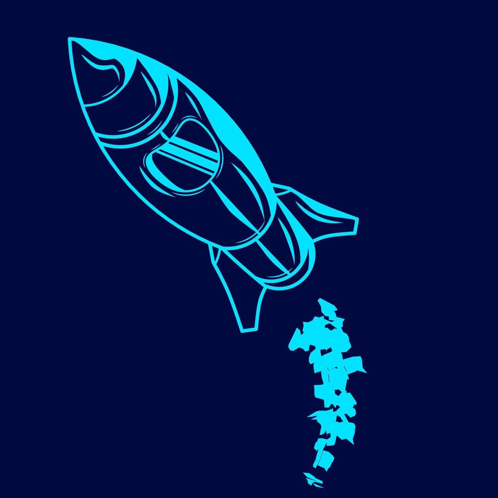 Rocket launch to space line pop art potrait logo colorful design with dark background. Abstract vector illustration. Isolated black background for t-shirt, poster, clothing, merch, apparel.