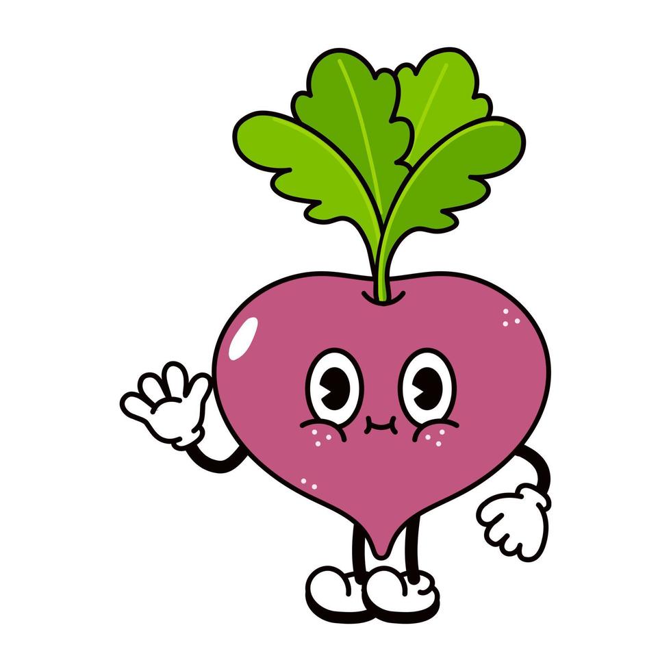 Cute funny radish waving hand character. Vector hand drawn traditional cartoon vintage, retro, kawaii character illustration icon. Isolated on white background. Radish character concept
