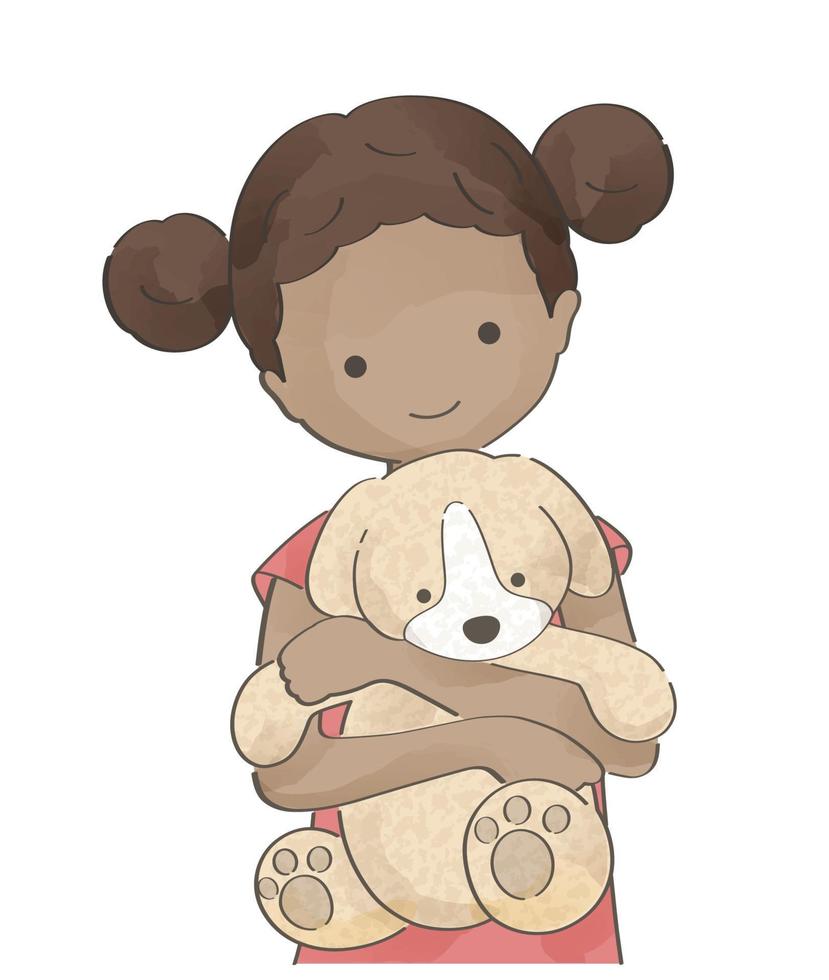 Watercolor Cute Girl Hugging A Stuffed Animal. Vector Illustration Isolated On A White Background.