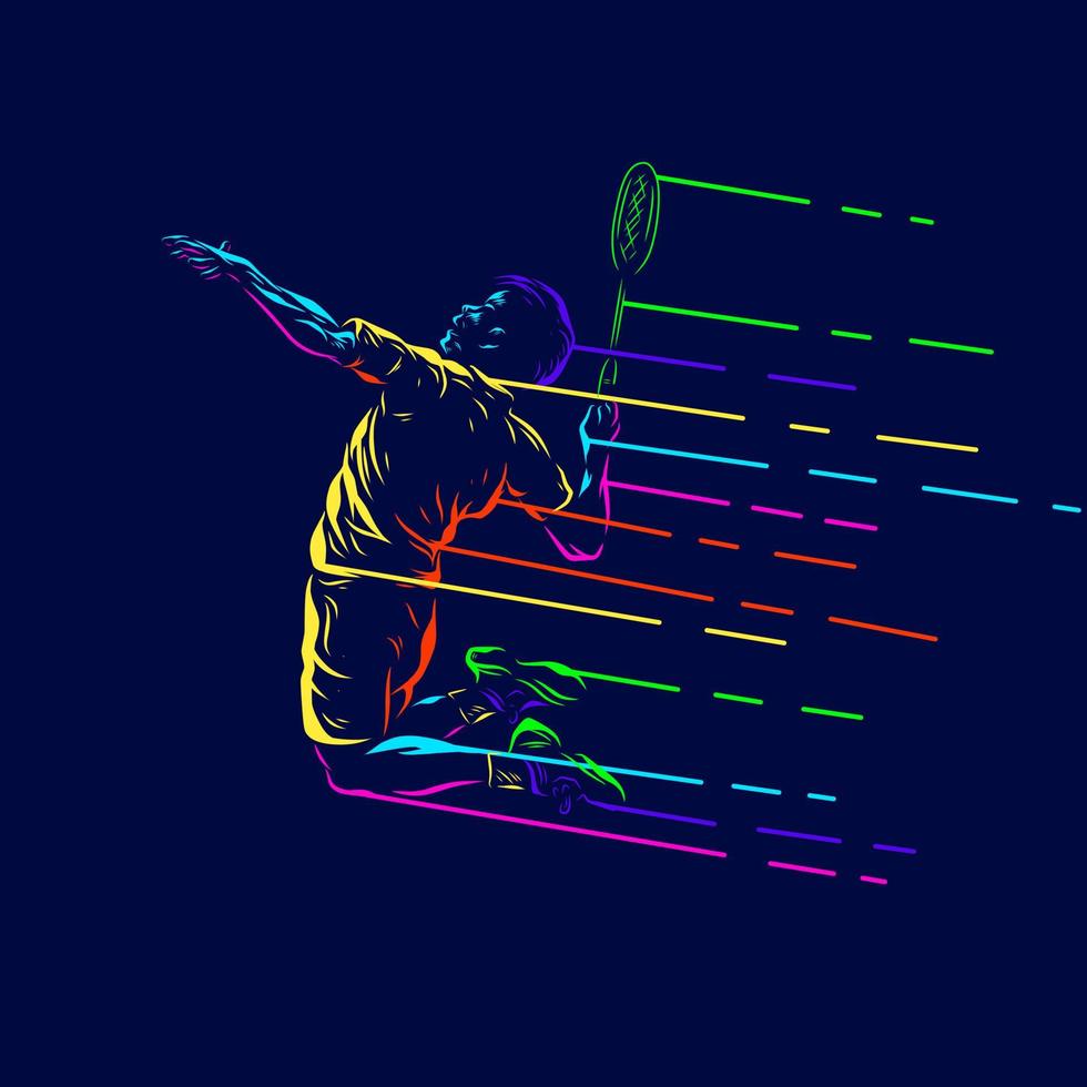 badminton man smash shot vector silueta línea pop art potrait logo diseño colorido con fondo oscuro. ilustración vectorial abstracta. fondo negro aislado para camiseta, afiche, ropa.