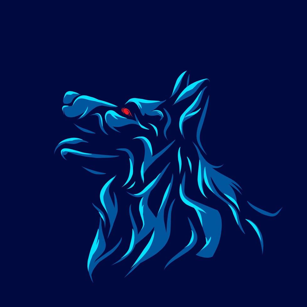 línea de perro lobo. logotipo de arte pop. diseño colorido con fondo oscuro. ilustración vectorial abstracta. fondo negro aislado para camiseta, afiche, ropa, merchandising, ropa, diseño de placa vector