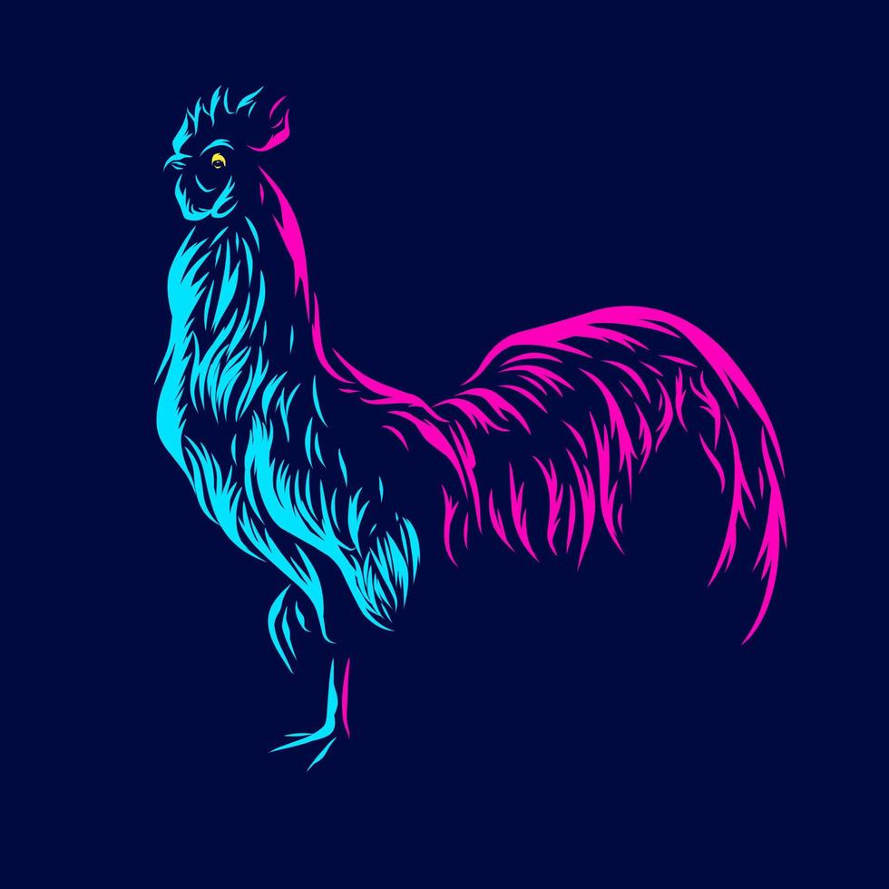 Cock chicken line pop art potrait colorful logo design with dark background. Abstract vector illustration. Isolated black background for t-shirt, poster, clothing, merch, apparel, badge design.