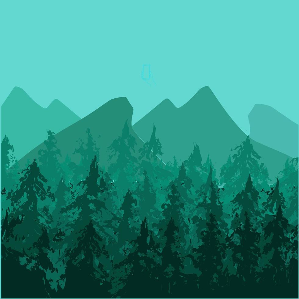 ilustración de diseño de naturaleza verde vectorial con vistas a las montañas y al bosque. toma una sesión en el paisaje de silueta. antecedentes de viajes y naturaleza. vector