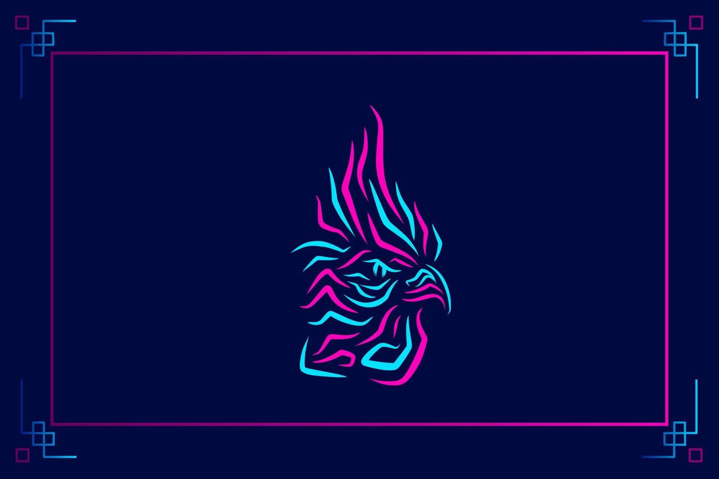 Rooster chicken neon logo line pop art portrait colorful design with dark background. Abstract vector illustration