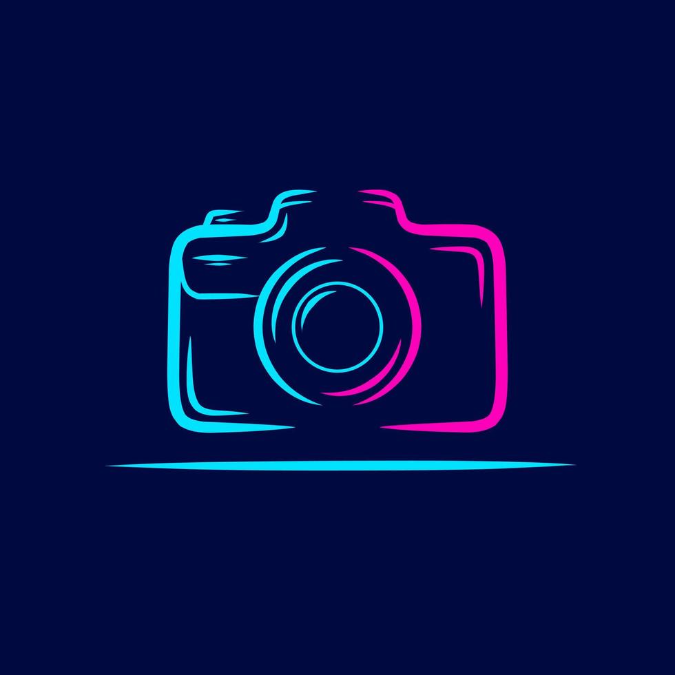 línea de cámara dslr. logotipo de arte pop. diseño colorido con fondo oscuro. ilustración vectorial abstracta. fondo negro aislado para camiseta, afiche, ropa, merchandising, ropa, diseño de placa vector