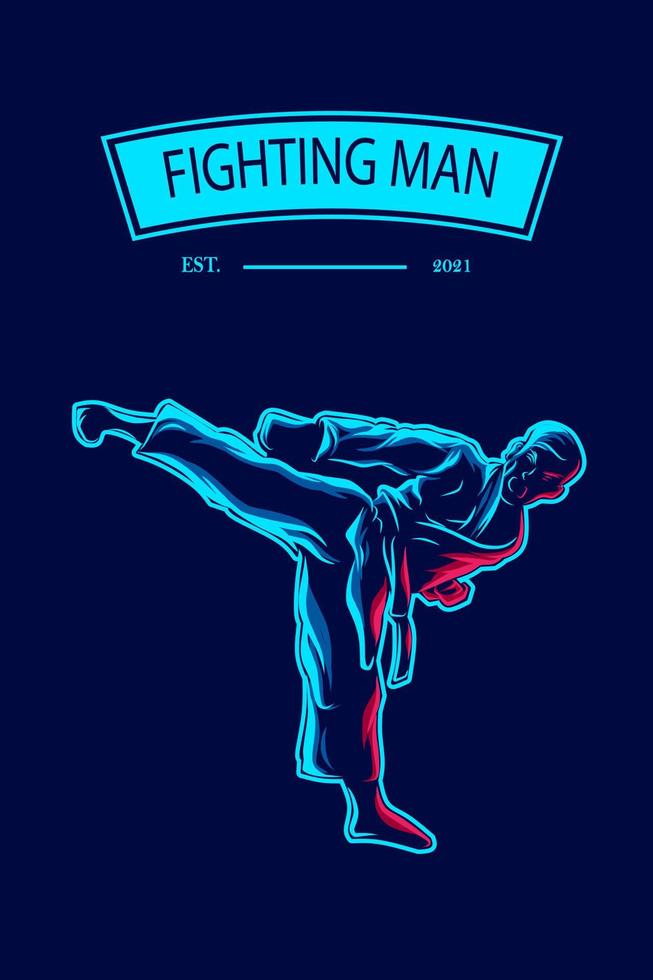 Karate fighting technique vector silhouette line pop art potrait logo colorful design with dark background. Abstract vector illustration. Isolated black background for t-shirt, poster, clothing.