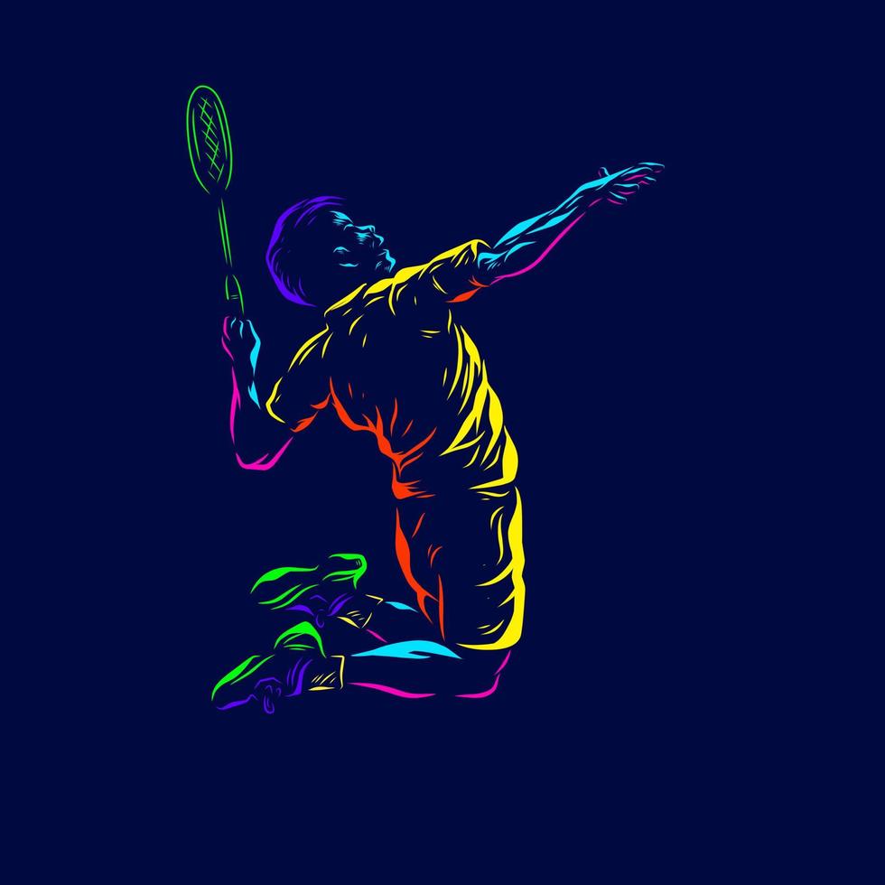 badminton man smash shot vector silueta línea pop art potrait logo diseño colorido con fondo oscuro. ilustración vectorial abstracta. fondo negro aislado para camiseta, afiche, ropa.