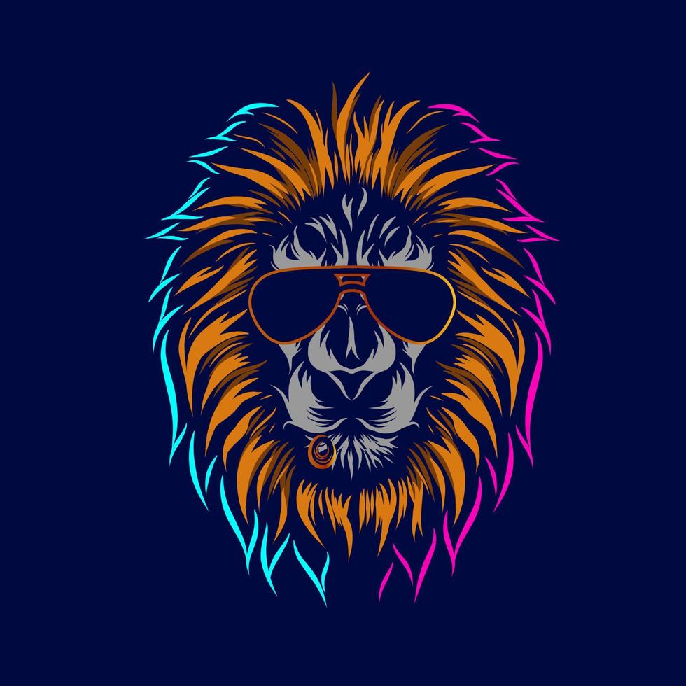 Lion head face vector silhouette line pop art potrait logo colorful design with dark background. Abstract vector illustration. Isolated black background for t-shirt, poster, clothing.