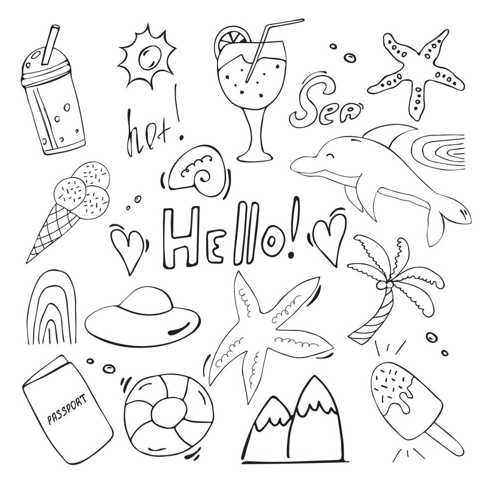 A collection of summer doodles - sea creatures, ice cream, hand lettering, cocktail, beach. In outline, black and white on a white background. vector