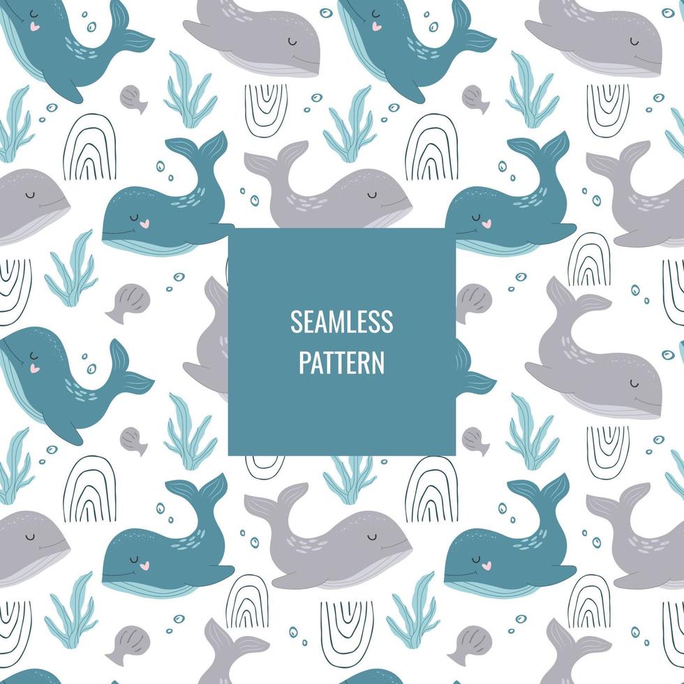 Vector hand-drawn colourful children's seamless repeating pattern with Scandinavian-style whales on a white background. Cute baby animals.