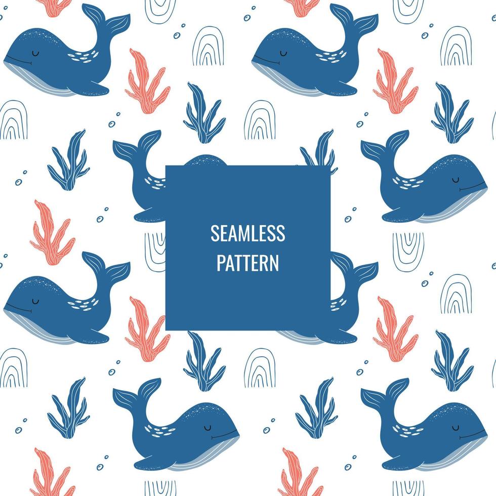 Blue cartoon whale with coral background seamless pattern for textiles, clothing, print, wallpaper, vector illustrations