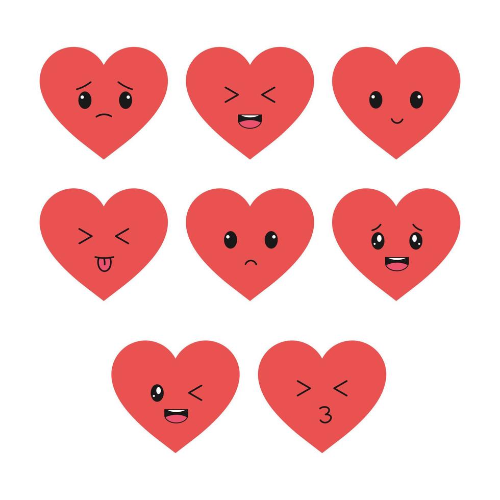 linda cara de corazón colorida en varias emociones de dibujos animados sobre un fondo blanco. amor. emojis aislado. kawaii vector