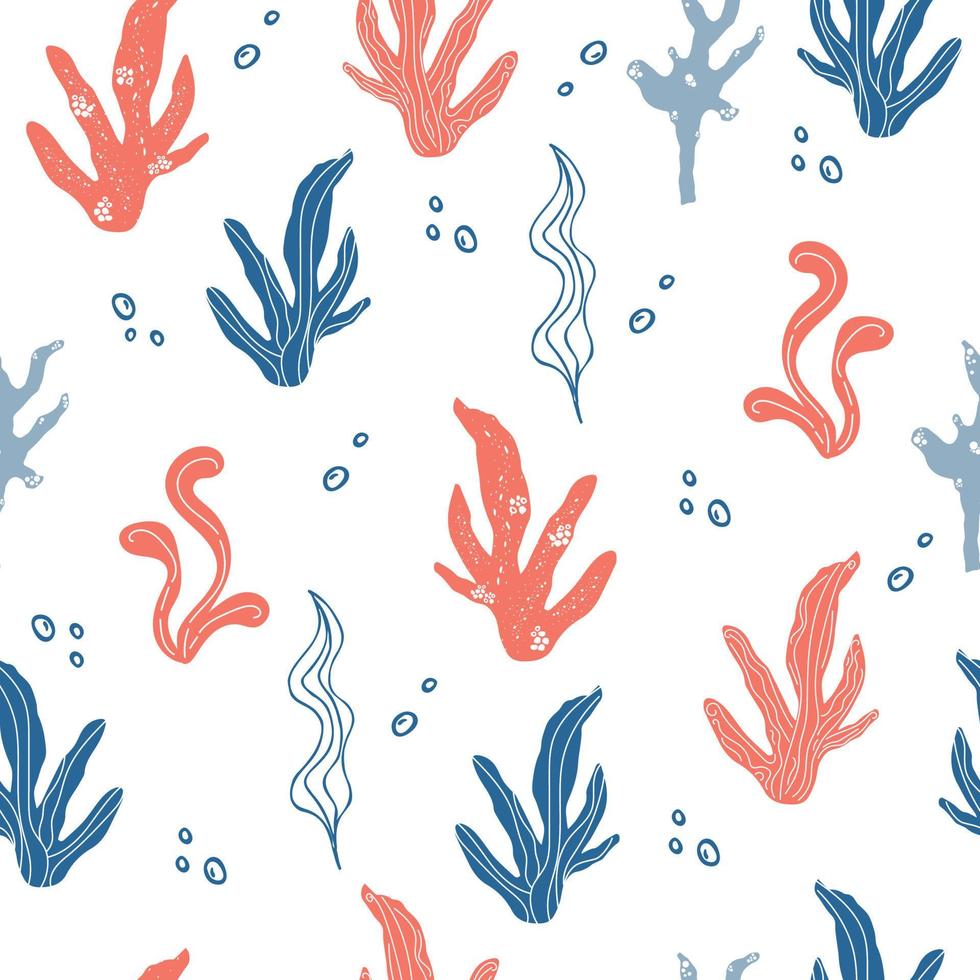 Abstract seamless marine pattern with seaweed and coral in modern colours. Marine theme. Vector graphic.