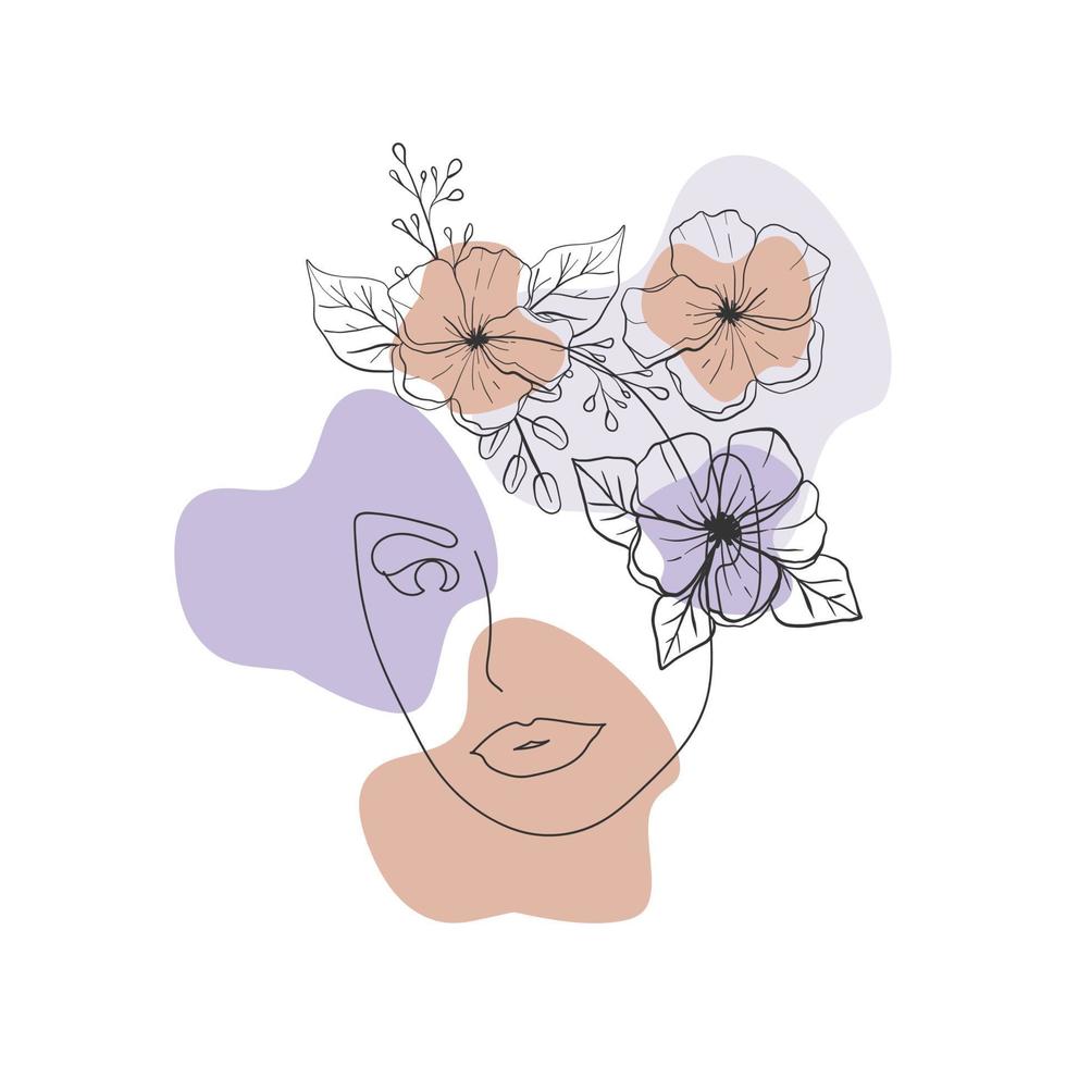 cara bonita de una niña con flores en la cabeza. belleza femenina dibujo continuo abstracto en una línea. vector