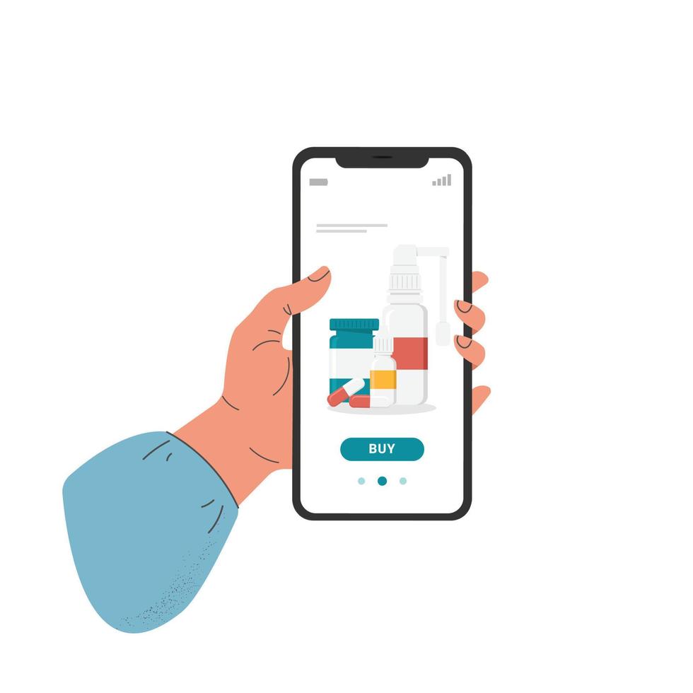 una mano humana plana de dibujos animados sosteniendo un teléfono inteligente usando una aplicación móvil para comprar medicamentos en línea, farmacia en línea aislada en un fondo blanco. vector