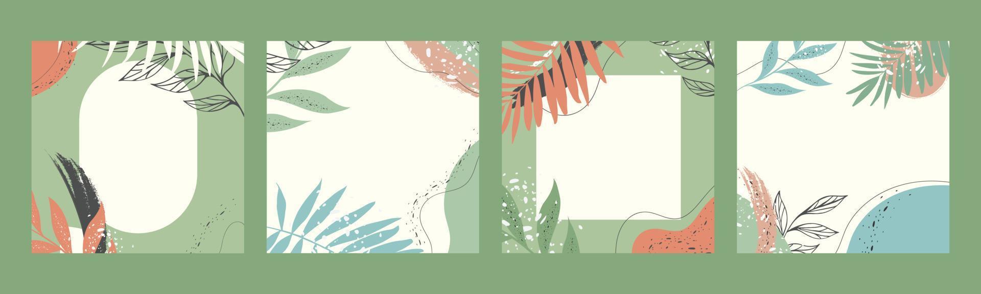 Botanical set. Trendy abstraction editable template for social media post, tropical leaves blue colours. Vector illustration. Social media background design.