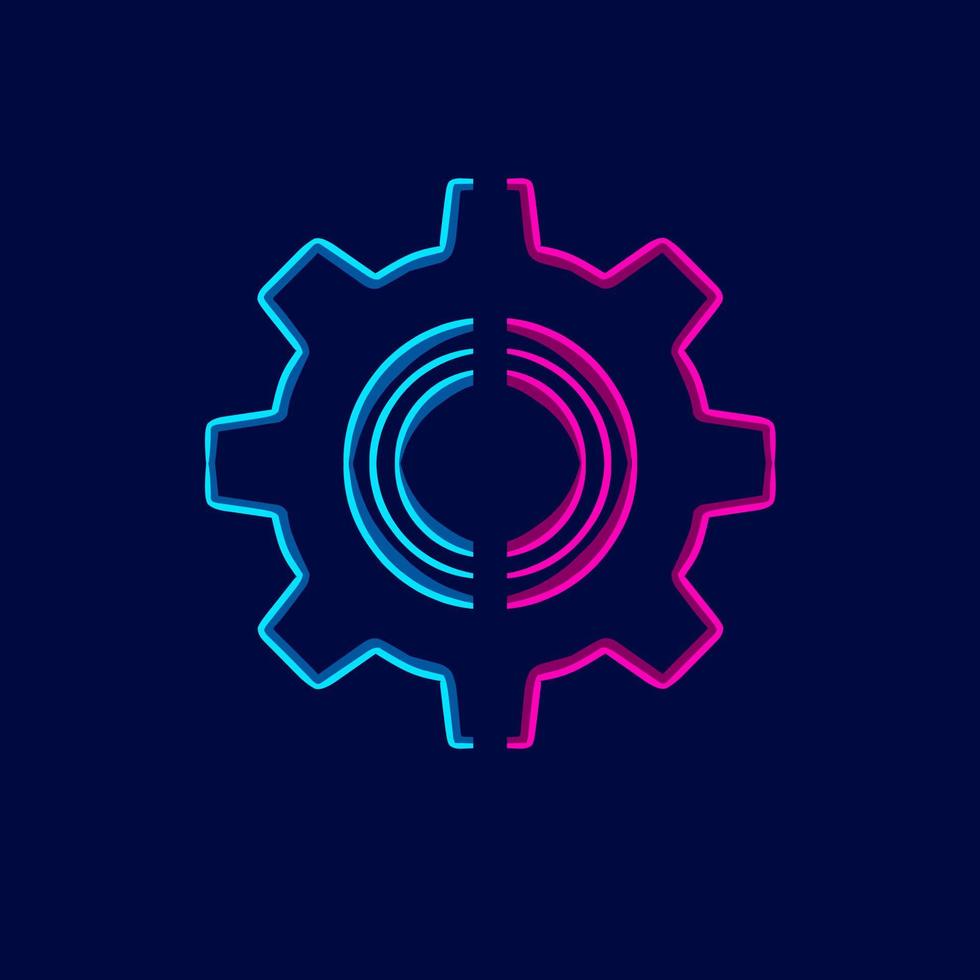 Technical mechanic gear logo line neon art portrait colorful design with dark background. Abstract vector illustration