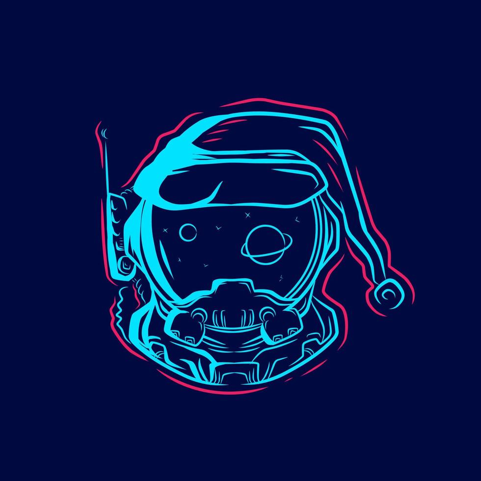 Diseño colorido de retrato de arte pop de línea de logotipo de astronauta de santa con fondo oscuro. ilustración vectorial abstracta. vector