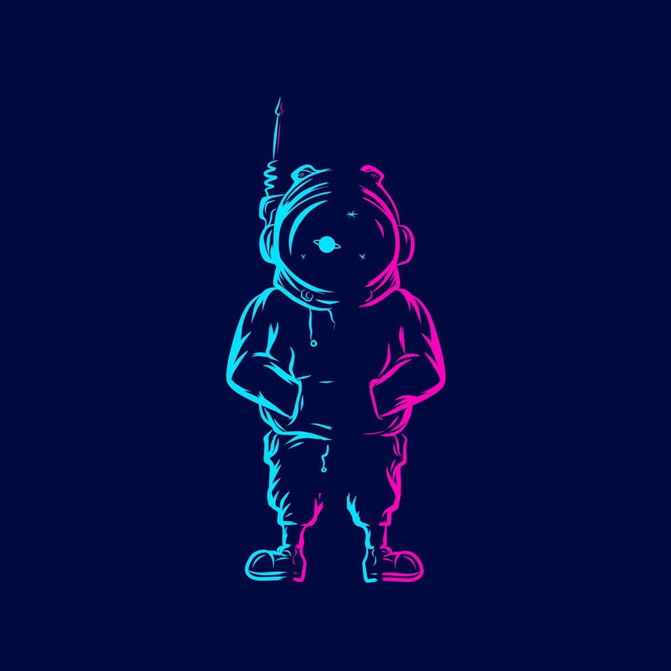 Astronaut explore the galaxy line pop art portrait logo colorful design with dark background. Abstract vector illustration.