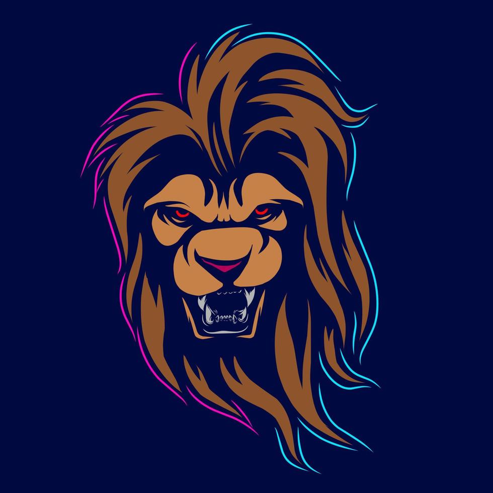 Lion head face vector silhouette line pop art potrait logo colorful design with dark background. Abstract vector illustration. Isolated black background for t-shirt, poster, clothing.