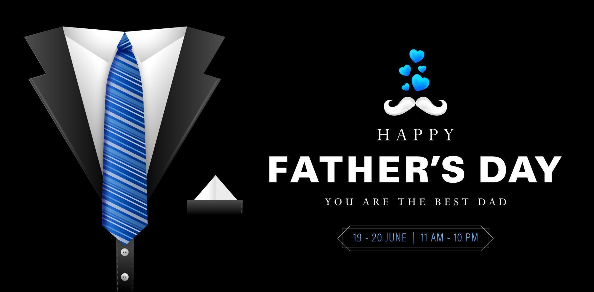 illustration of happy fathers day with black suit and blue tie for social media posts, ads campaign marketing holidays, advertising, advertisement, corporate signs, billboard agency, animation video vector