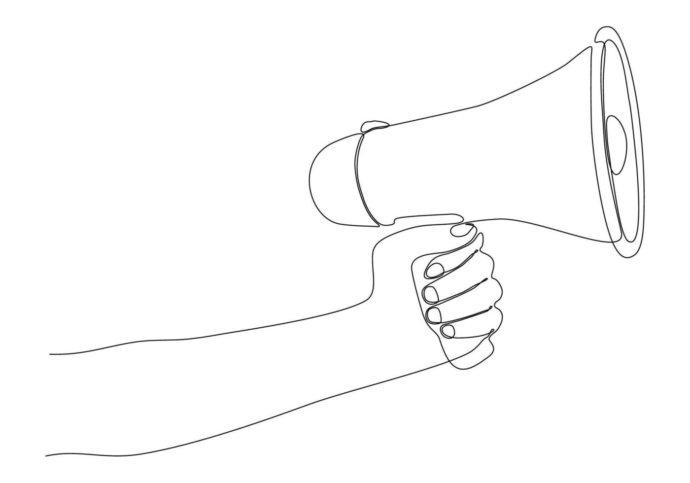 continuous line drawing of hand holding megaphone on white background vector illustration